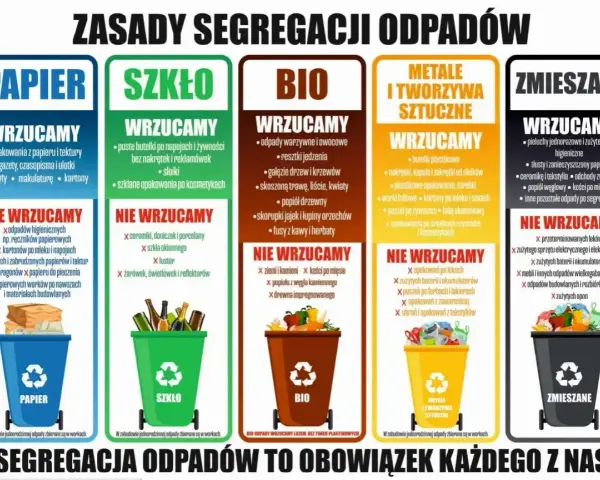 Plakat "Zasady segregacji odpadów" pokazuje, co wrzucać do pojemników na papier, szkło, bio, metale i tworzywa sztuczne oraz odpady zmieszane. Każdy posiadacz odpadów powinien znać te zasady.