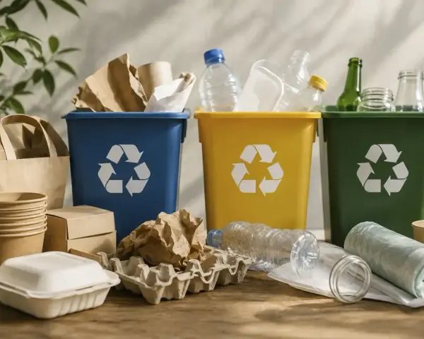 Segregacja odpadów: niebieski kosz na papier, żółty na plastik, zielony na szkło. Nawet hutniczy produkt odpadowy może znaleźć nowe życie.
