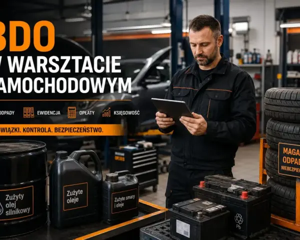 Mechanik w warsztacie samochodowym korzysta z tabletu, zarządzając odpadami i ewidencją. Obok stoją beczki z zużytymi olejami i akumulatory.