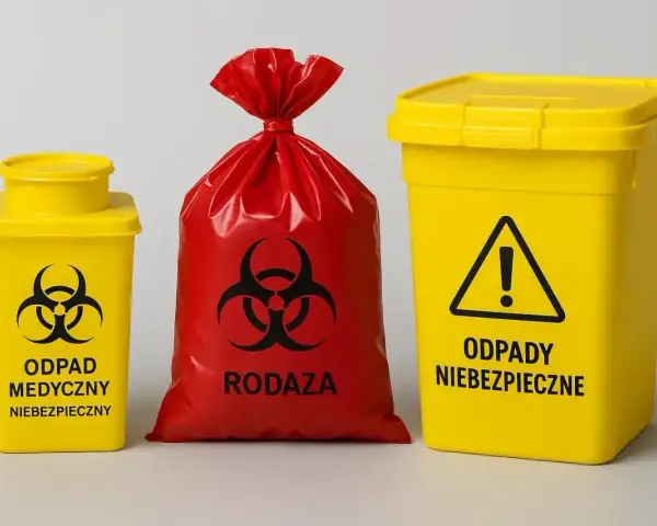 Żółte pojemniki i czerwony worek z symbolem biohazardu. Oznaczenia: "ODPAD MEDYCZNY NIEBEZPIECZNY", "RODAZA", "ODPADY NIEBEZPIECZNE". Kod odpadu 18 01 04.
