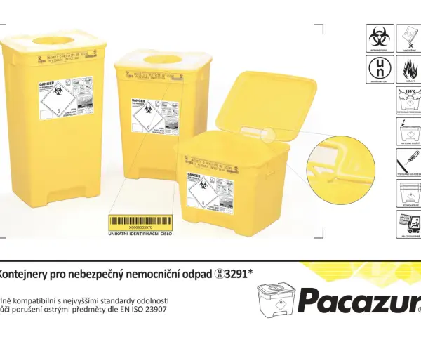 Żółte pojemniki na odpady medyczne 18 01 03, oznaczone jako niebezpieczne i do utylizacji.