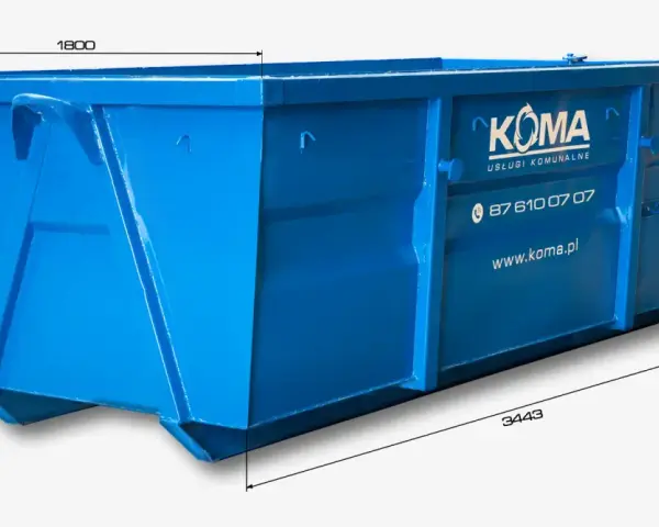 Niebieski kontener KOMA. Wymiary: 3443 mm długości, 1800 mm szerokości, 1365 mm wysokości. Idealny do usług komunalnych.