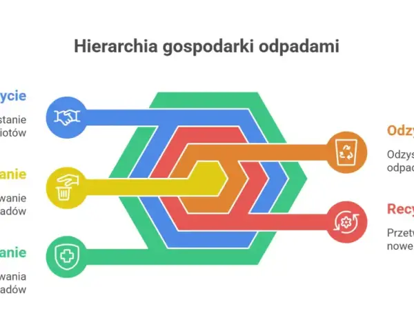 Hierarchia gospodarki odpadami: zapobieganie, ponowne użycie, unieszkodliwianie, odzysk i recykling. Rzeczy z recyklingu to klucz do zrównoważonego rozwoju.
