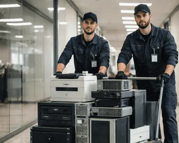 Dwóch pracowników w uniformach transportuje wózek z komputerami i drukarką. To profesjonalna utylizacja sprzętu elektronicznego w firmie.