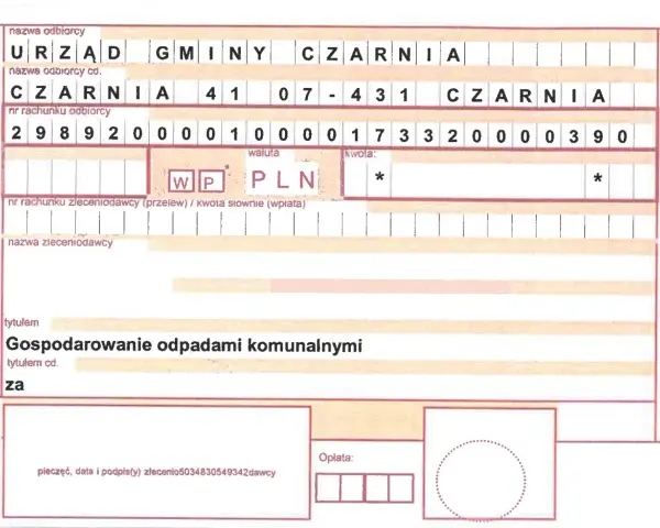 Przelew na rzecz Urzędu Gminy Czarnia za gospodarowanie odpadami komunalnymi. Opłaty za śmieci.