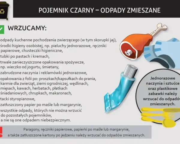 Czarne worki na śmieci, do których wrzucamy resztki jedzenia, zużyte pieluchy, tubki po kremach i inne odpady zmieszane.