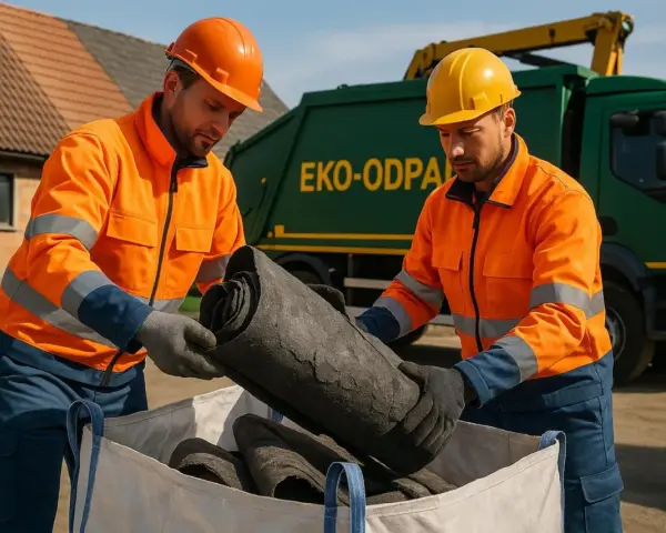 Dwóch pracowników w pomarańczowych kurtkach i kaskach wyjmuje z worka zrolowane materiały. Obok stoi zielona śmieciarka z napisem "EKO-ODPADY". To pszok papa, który trafi do recyklingu.