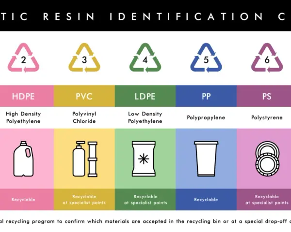 Tabela z kodami identyfikacji tworzyw sztucznych. Każdy symbol recyklingu z numerem od 1 do 7 oznacza inny rodzaj plastiku, jego nazwę i sposób recyklingu.