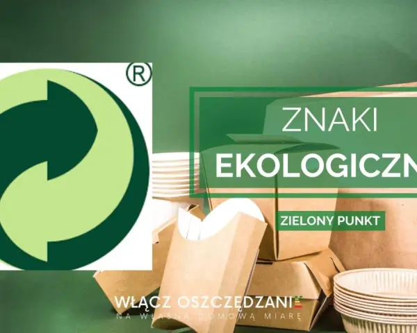 Symbol recyklingu, znany jako zielony punkt, na tle ekologicznych opakowań.