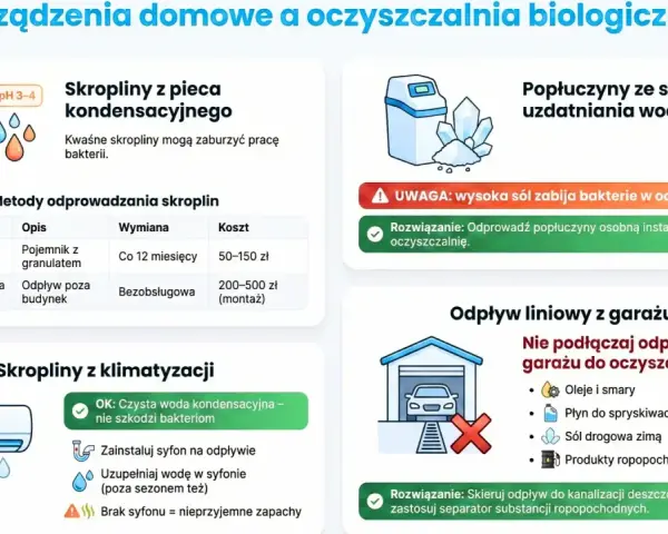 Ilustracje przedstawiające odpływy z urządzeń domowych (kocioł, klimatyzacja, garaż) i ich wpływ na oczyszczalnię biologiczną.