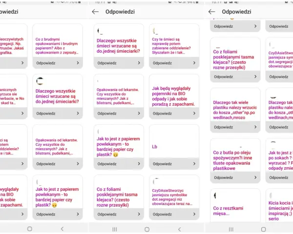 Widok ekranu telefonu z wieloma kartami pytań i odpowiedzi dotyczących segregacji śmieci.