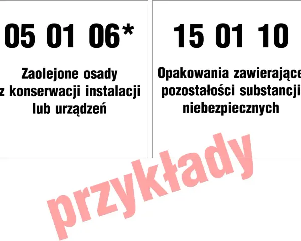 15 01 10: opakowania zawierające pozostałości substancji niebezpiecznych. Przykładem są zaolejone osady z konserwacji instalacji.