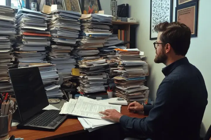 Pracownik z okularami tonie w papierach, próbując zdążyć ze sprawozdaniem BDO po terminie.