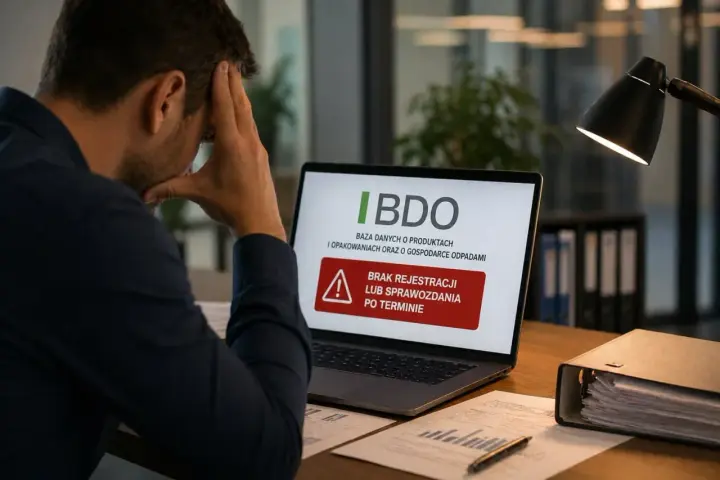 Zestresowany mężczyzna widzi na ekranie laptopa komunikat o braku rejestracji lub sprawozdania po terminie w BDO, co może wiązać się z opłatą produktową.