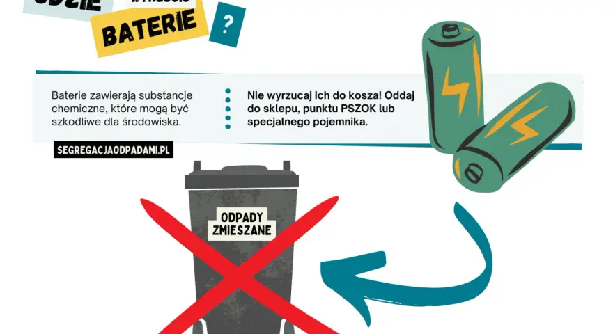 Baterie zawierają szkodliwe substancje. Prawidłowa utylizacja baterii to oddanie ich do sklepu, PSZOK lub specjalnego pojemnika, a nie do kosza na odpady zmieszane.