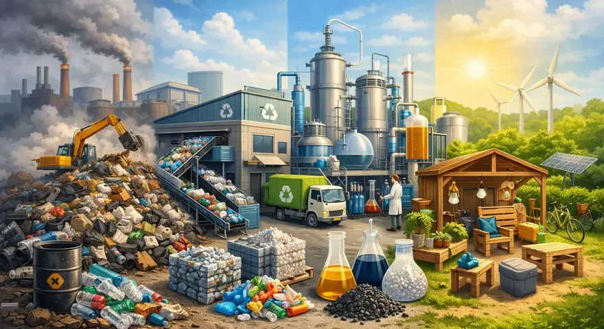 Od zanieczyszczonych fabryk po czystą energię i recykling. Obraz pokazuje różne poziomy recyklingu i jego wpływ na środowisko.