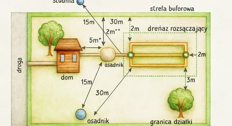 Schemat instalacji przydomowej z zaznaczonymi odległościami. Sprawdź wywóz szamba cennik, aby dowiedzieć się o kosztach.