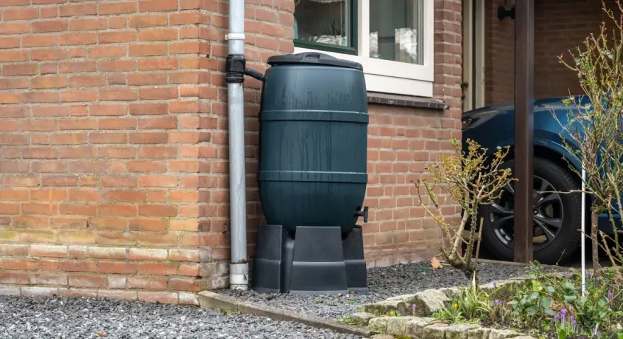 Zbiornik na wodę opadową przy ceglanym domu, zbierający deszczówkę z rynny. Ekologiczne rozwiązanie dla ogrodu.