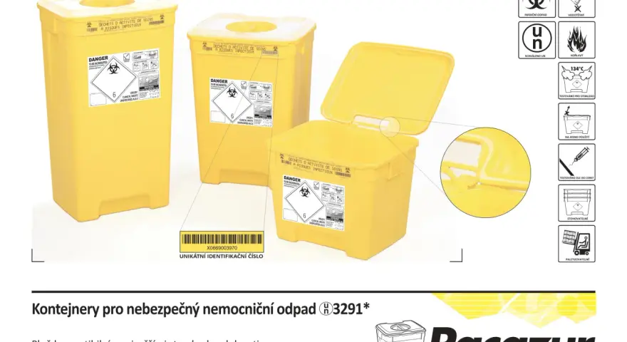 Żółte pojemniki na odpady medyczne 18 01 03, oznaczone jako niebezpieczne i do utylizacji.