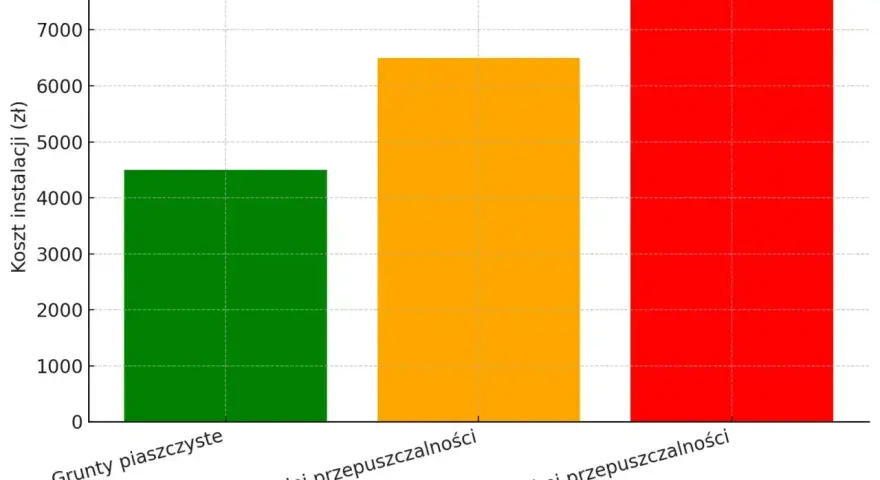 Wykres słupkowy pokazuje, że koszt budowy oczyszczalni ścieków jest najwyższy dla gruntów o słabej przepuszczalności, a najniższy dla gruntów piaszczystych.