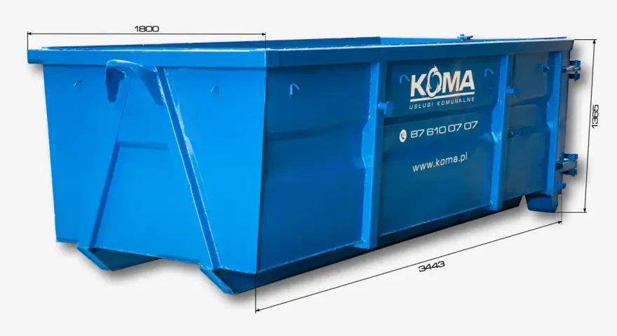 Niebieski kontener KOMA. Wymiary: 3443 mm długości, 1800 mm szerokości, 1365 mm wysokości. Idealny do usług komunalnych.