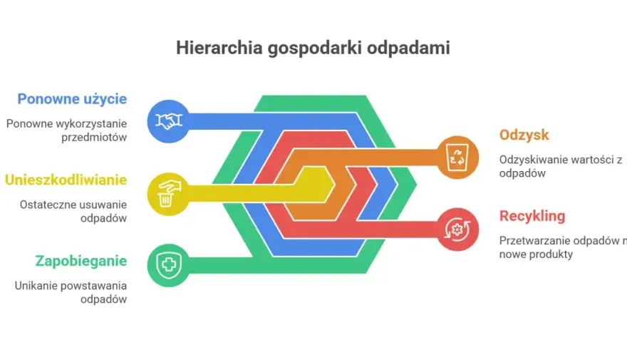 Hierarchia gospodarki odpadami: zapobieganie, ponowne użycie, unieszkodliwianie, odzysk i recykling. Rzeczy z recyklingu to klucz do zrównoważonego rozwoju.