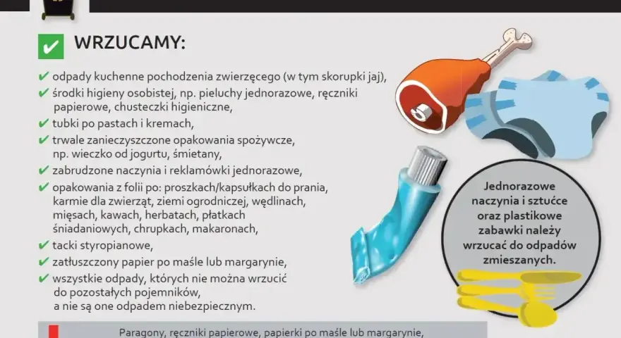 Czarny pojemnik na odpady zmieszane: resztki jedzenia, zużyte pieluchy, tubki po pastach, zatłuszczony papier.