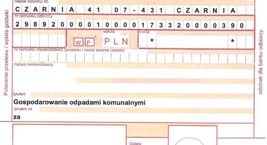 Przelew na rzecz Urzędu Gminy Czarnia za gospodarowanie odpadami komunalnymi. Opłaty za śmieci.