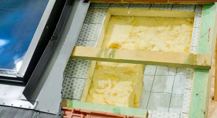 Wełna mineralna to świetny wybór, czym najlepiej ocieplić dom. Widoczna jest jej instalacja pod dachówką.