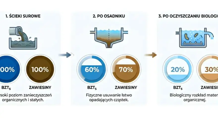 Schemat krajowego programu oczyszczania ścieków komunalnych: surowe ścieki (100% BZT5, 100% zawiesiny), po osadniku (60% BZT5, 70% zawiesiny), po oczyszczaniu biologicznym (20% BZT5, 30% zawiesiny).