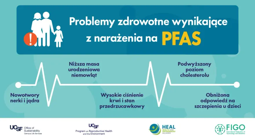 Problemy zdrowotne wynikające z narażenia na PFAS: nowotwory, niższa masa urodzeniowa, wysokie ciśnienie, podwyższony cholesterol, obniżona odpowiedź na szczepienia.