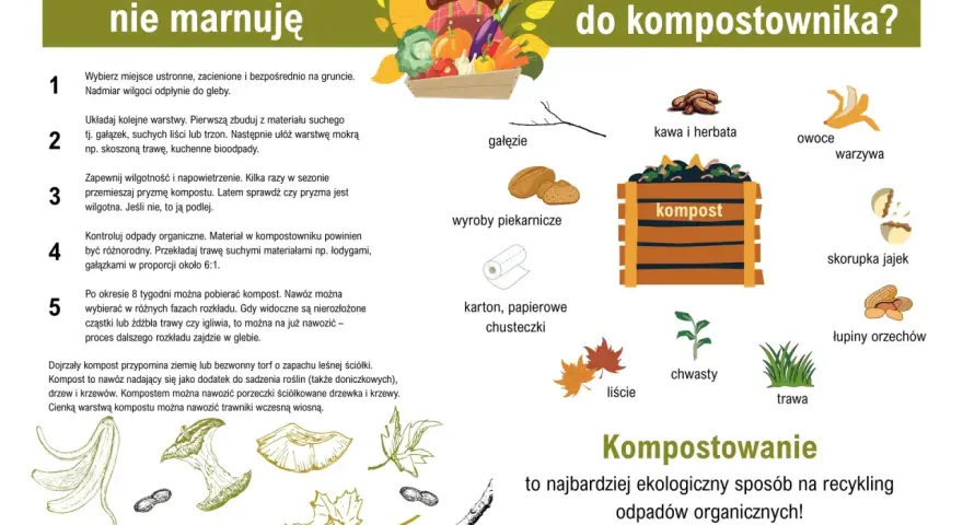 Jak zrobić dobry kompost: wybierz miejsce, układaj warstwy suche i mokre, zapewnij wilgoć i napowietrzenie. Wrzucaj resztki warzyw, owoców, kawy, herbaty, skorupki jajek.