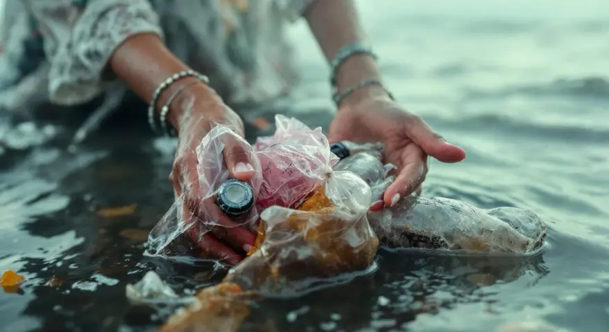 Dłonie zbierają plastikowe odpady z wody, ukazując problem zanieczyszczenia.