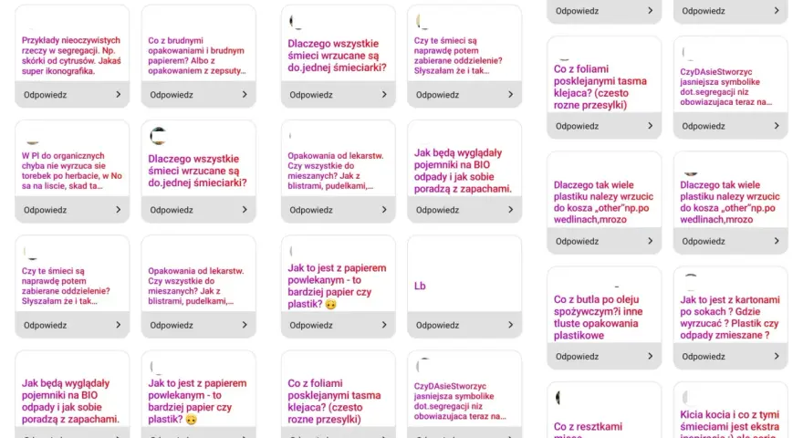 Widok ekranu telefonu z wieloma kartami pytań i odpowiedzi dotyczących segregacji śmieci.