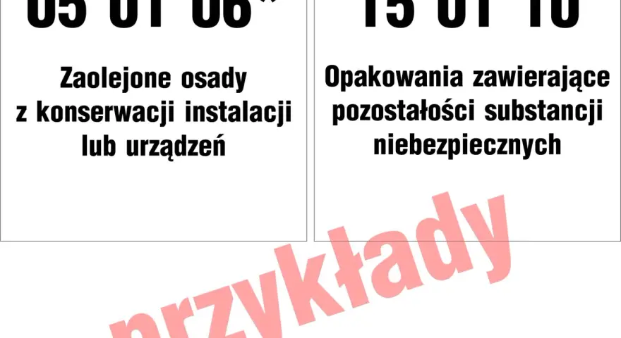 15 01 10: opakowania zawierające pozostałości substancji niebezpiecznych. Przykładem są zaolejone osady z konserwacji instalacji.