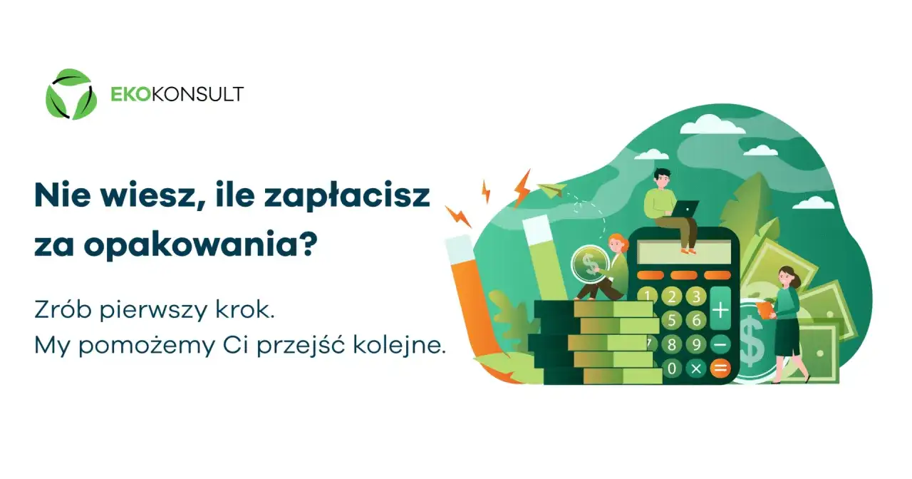 Ilustracja przedstawia ludzi liczących pieniądze i korzystających z kalkulatora, symbolizując pomoc w ustaleniu opłaty produktowej BDO za opakowania.