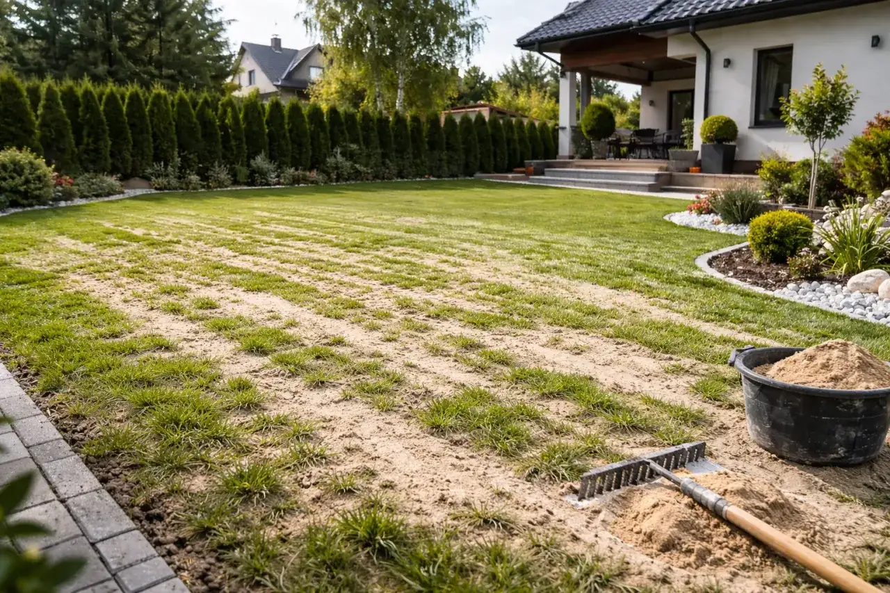 Piaskowanie trawnika w trakcie. Grabie i wiadro z piaskiem czekają na dalsze prace.