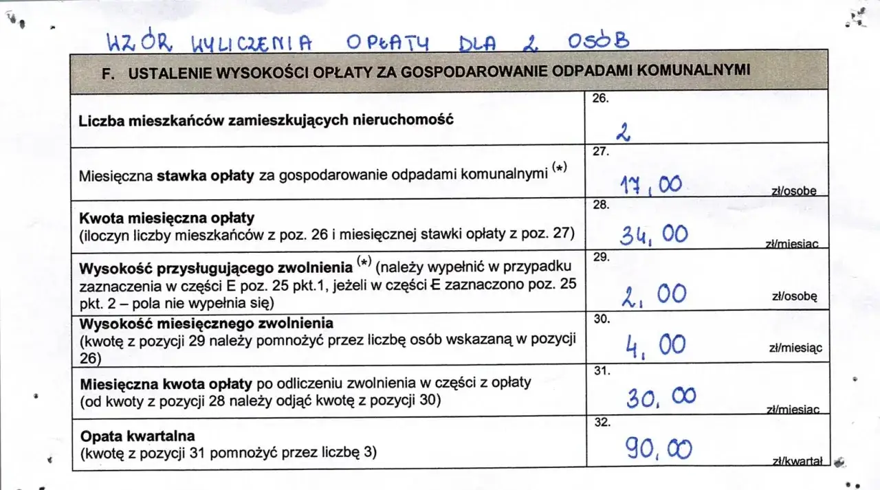 Formularz wyliczenia opłaty za śmieci dla 2 osób. Karta dużej rodziny nie jest widoczna, ale wyliczenia wskazują na 30 zł miesięcznie.
