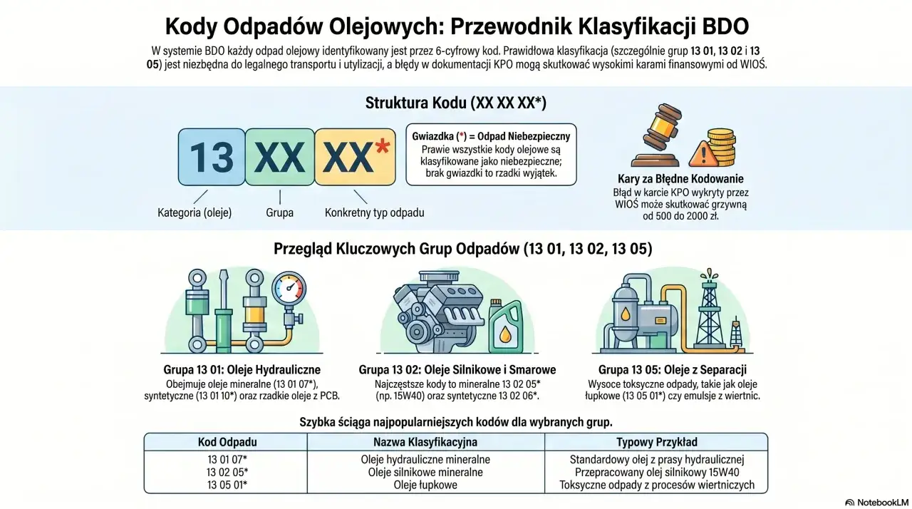 Przewodnik po kodach odpadów olejowych BDO. Ilustracje przedstawiają strukturę kodu, kary za błędy i przykłady grup odpadów: hydrauliczne, silnikowe, smarowe i z separacji.