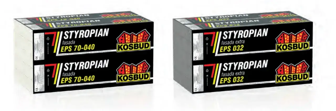 Dwa stosy płyt styropianowych KOSBUD EPS 70-040 i EPS 032. Różna twardość styropianu wpływa na jego zastosowanie.