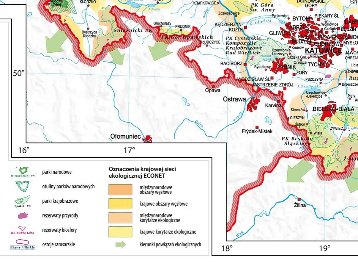 Mapa przedstawia krajową sieć ekologiczną ECONET, z zaznaczonymi parkami narodowymi, krajobrazowymi i rezerwatami, tworzącymi ważny ekoton.