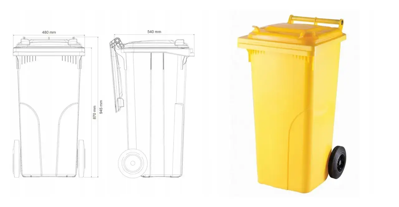Schematyczny rysunek i zdjęcie żółtego kosza na śmieci z kołami. Podane wymiary kosza na śmieci: 480 mm, 540 mm, 870 mm, 945 mm.