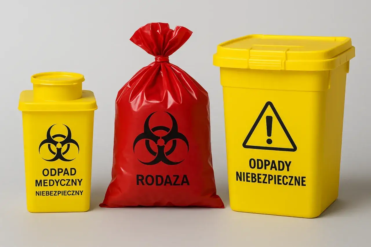 Żółte pojemniki i czerwony worek z symbolem biohazard. Oznaczają kod odpadów medycznych i niebezpieczne materiały.
