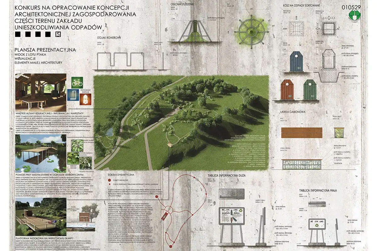 Projekt rekultywacji składowiska odpadów: wizualizacja terenu z elementami małej architektury, altanami edukacyjnymi i ścieżkami dydaktycznymi.