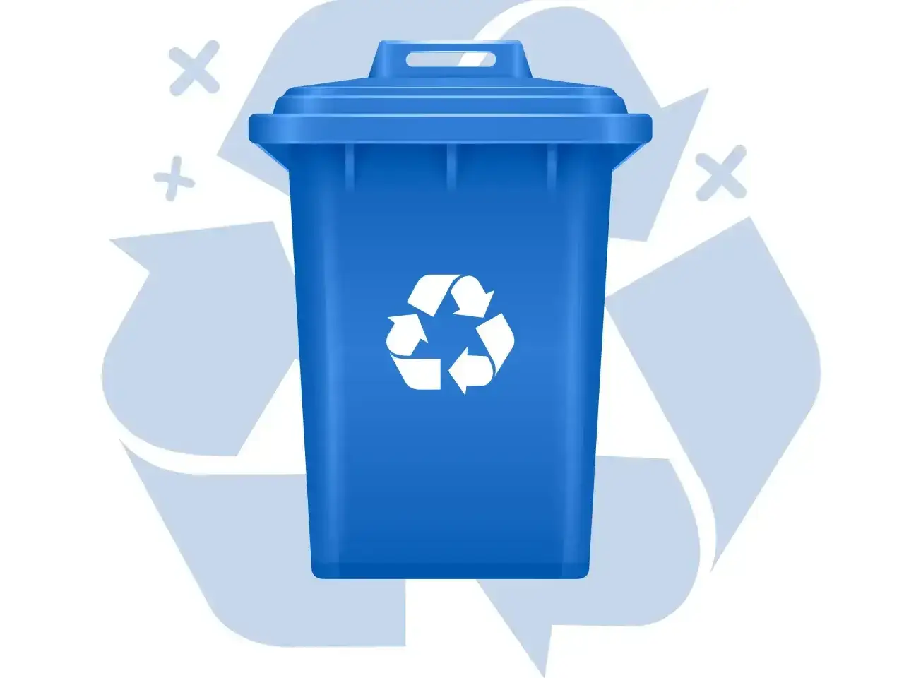 Niebieski kosz na śmieci z symbolem recyklingu. Pytanie: gdzie wyrzucać kartony? Odpowiedź: do niebieskiego pojemnika.