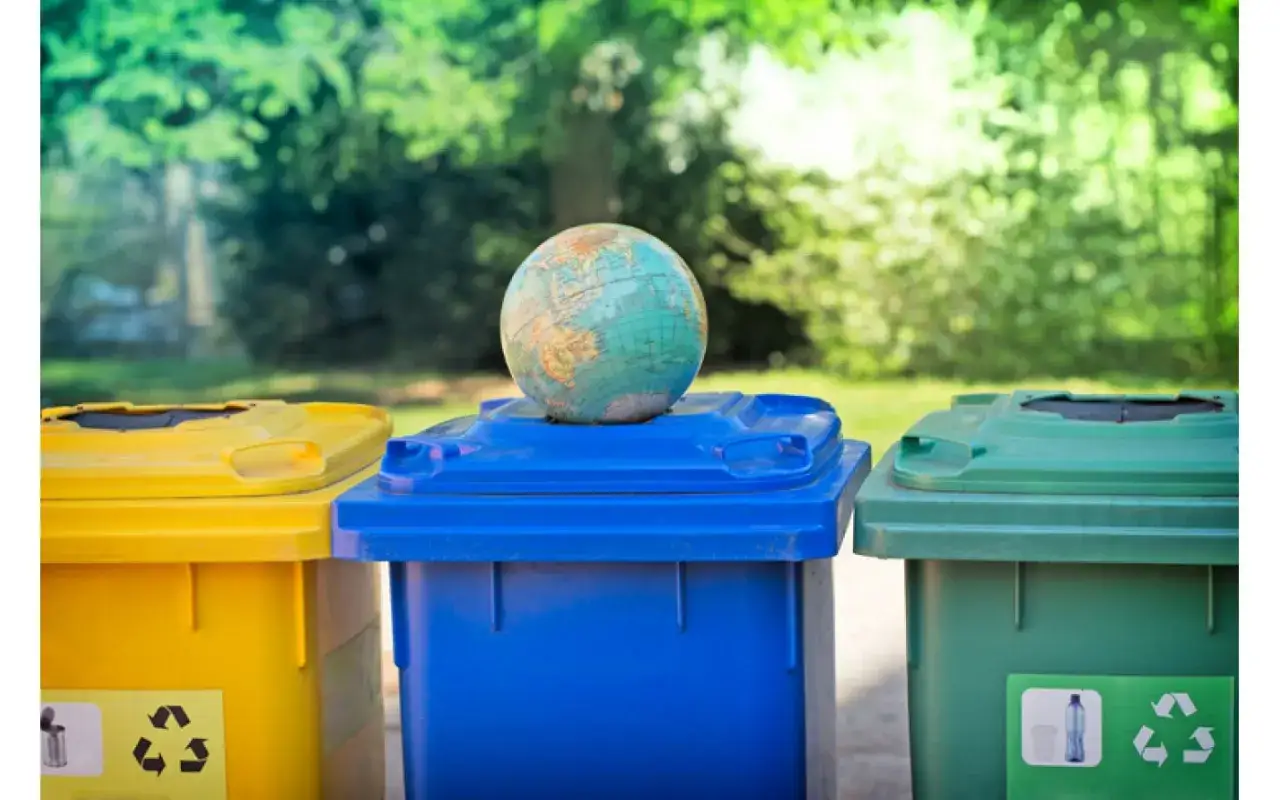 Globus na niebieskim koszu na śmieci, obok żółtego i zielonego. Symbol recyklingu i troska o planetę, by uniknąć odpadów niebezpiecznych.